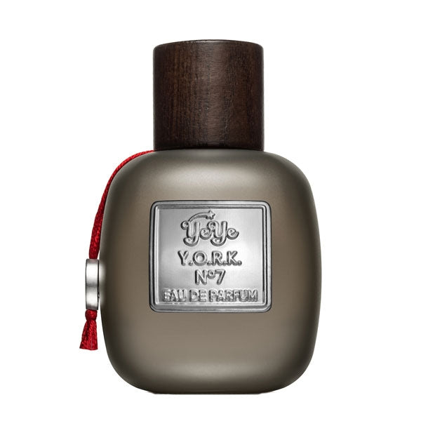 YeYe Parfums - Y.O.R.K. No 7 Parfümflakon mit mattem, graubraunem Finish und dunkelbraunem Holzverschluss vor weißem Hintergrund