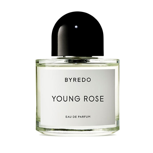 Byredo - Young Rose runder Glasflakon mit schwarzem halbrundem Verschluss und minimalistischem weißen Etikett