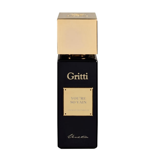 Gritti - Ivy Collection - You're so vain Parfumflakon mit schwarzem Glas und goldenem, kantigem Verschluss vor weißem Hintergrund