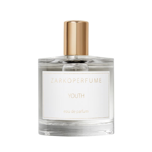 Zarkoperfume - YOUTH Parfumflakon mit klarem Glas und goldenem Verschluss vor weißem Hintergrund