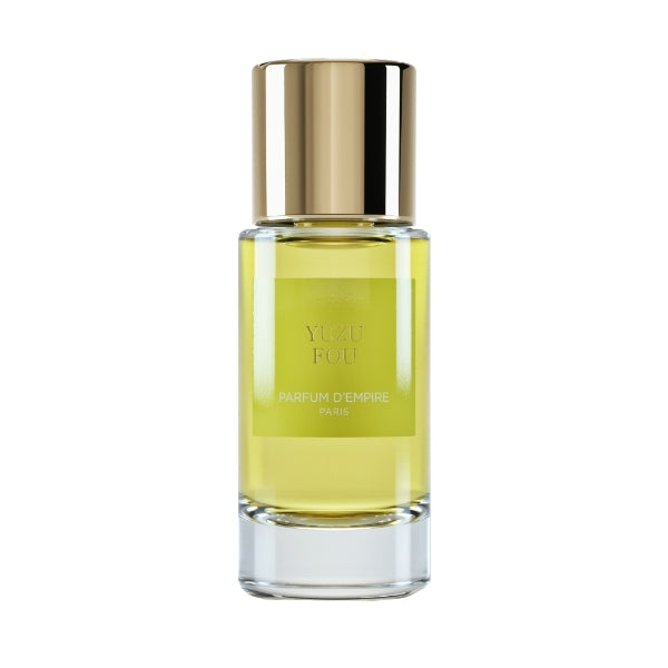 Parfum d'Empire - Yuzu Fou Parfumflakon aus klarem Glas mit gelbem Duftöl und glänzendem goldfarbenem Verschluss