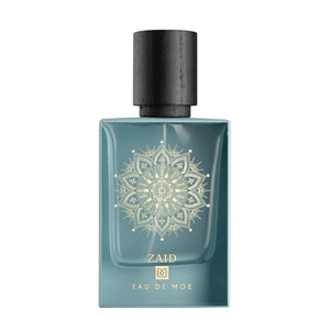Eau De Moe - Zaid Parfumflakon in blaugrünem Glas mit schwarzem Holzdeckel und filigranem goldfarbenem Mandalamotiv