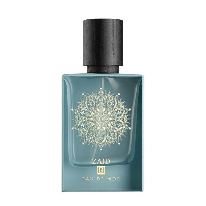 Eau De Moe - Zaid Parfumflakon in blaugrünem Glas mit schwarzem Holzdeckel und filigranem goldfarbenem Mandalamotiv
