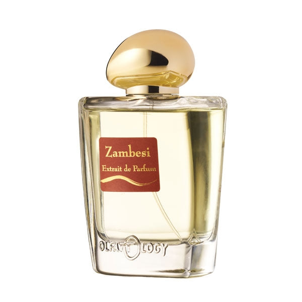 Olfattology - Zambesi Parfumflakon mit goldfarbenem Verschluss und bernsteinfarbener Flüssigkeit vor weißem Hintergrund