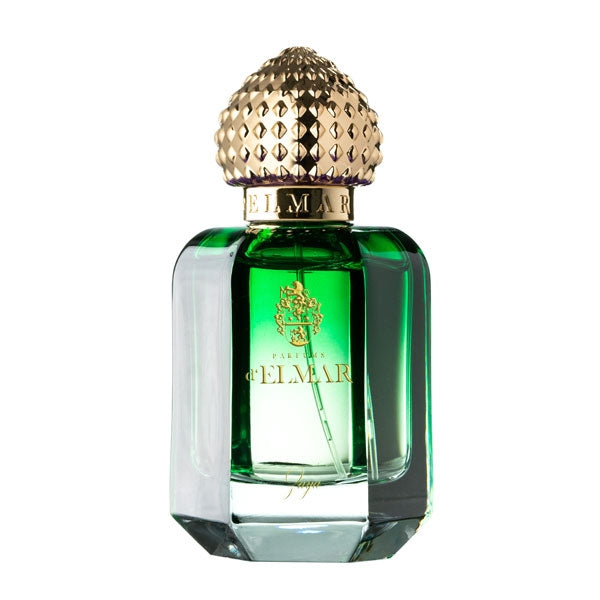 Parfums d'Elmar - Zaya edler grüner Flakon mit goldenem, strukturiertem Verschluss vor weißem Hintergrund
