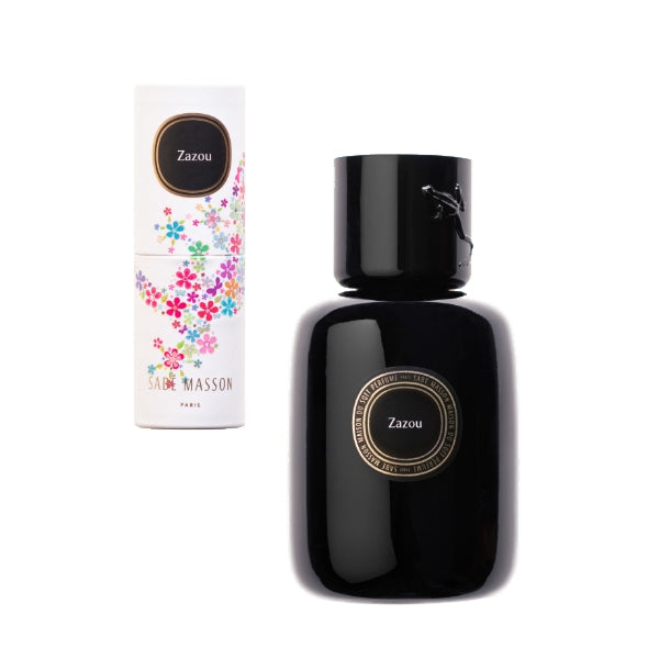 Sabé Masson - Zazou - La Rencontre Parfumflasche in glänzend schwarzem Design mit bunter Blumenverpackung auf weißem Grund