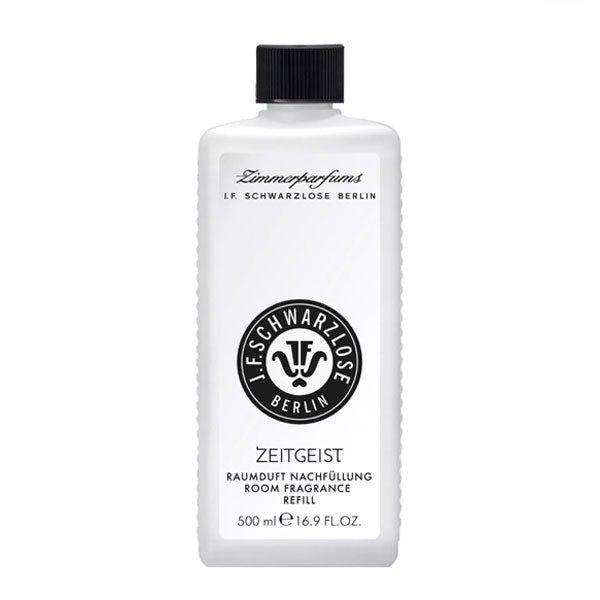 J.F. Schwarzlose Berlin - Zeitgeist - Zimmerparfum Nachfüllflasche in schlichter weißer Optik mit schwarzem Verschluss