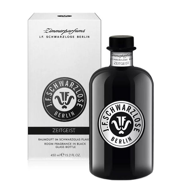 J.F. Schwarzlose Berlin - Zeitgeist - Zimmerparfum im schwarzen Glasflakon mit eleganter Verpackung auf weißem Hintergrund