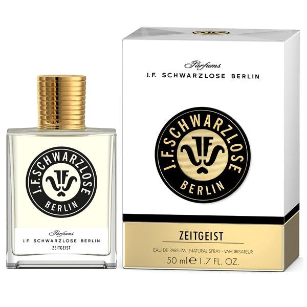J. F. Schwarzlose Berlin - Zeitgeist Parfumflakon mit klarer Form und edlem goldfarbenem Verschluss vor eleganter Verpackung