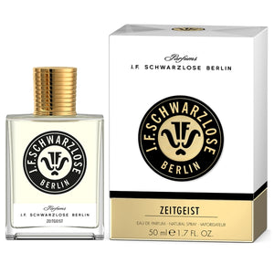 J. F. Schwarzlose Berlin - Zeitgeist Parfumflakon mit klarer Form und edlem goldfarbenem Verschluss vor eleganter Verpackung