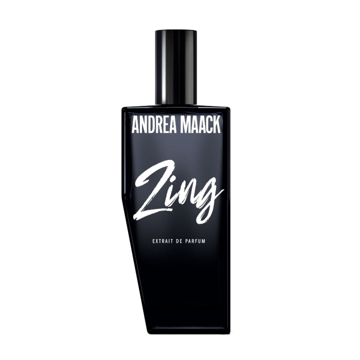 Andrea Maack Parfums - Zing Parfümflakon in schlichtem, schwarzem Design vor weißem Hintergrund